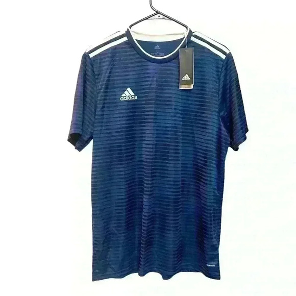 💙 NWT Adidas Men’s Blue w/black striped Climate Shirt - Picture 1 of 3